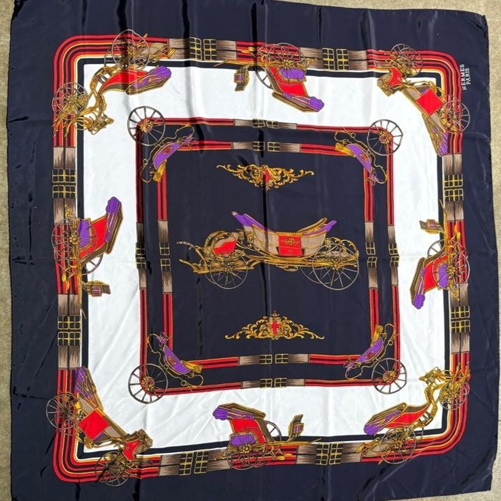 Hermes navy silk scarf with red accents
